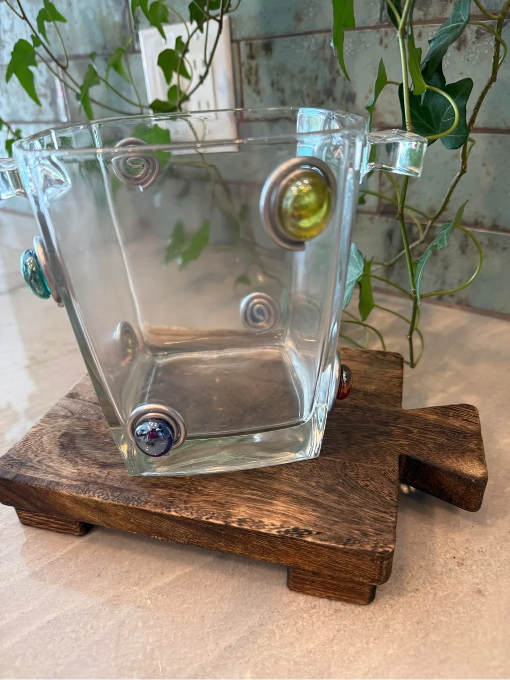 Handcrafted Wire-Wrapped Jeweled Glass Ice Bucket Set with Matching Tongs